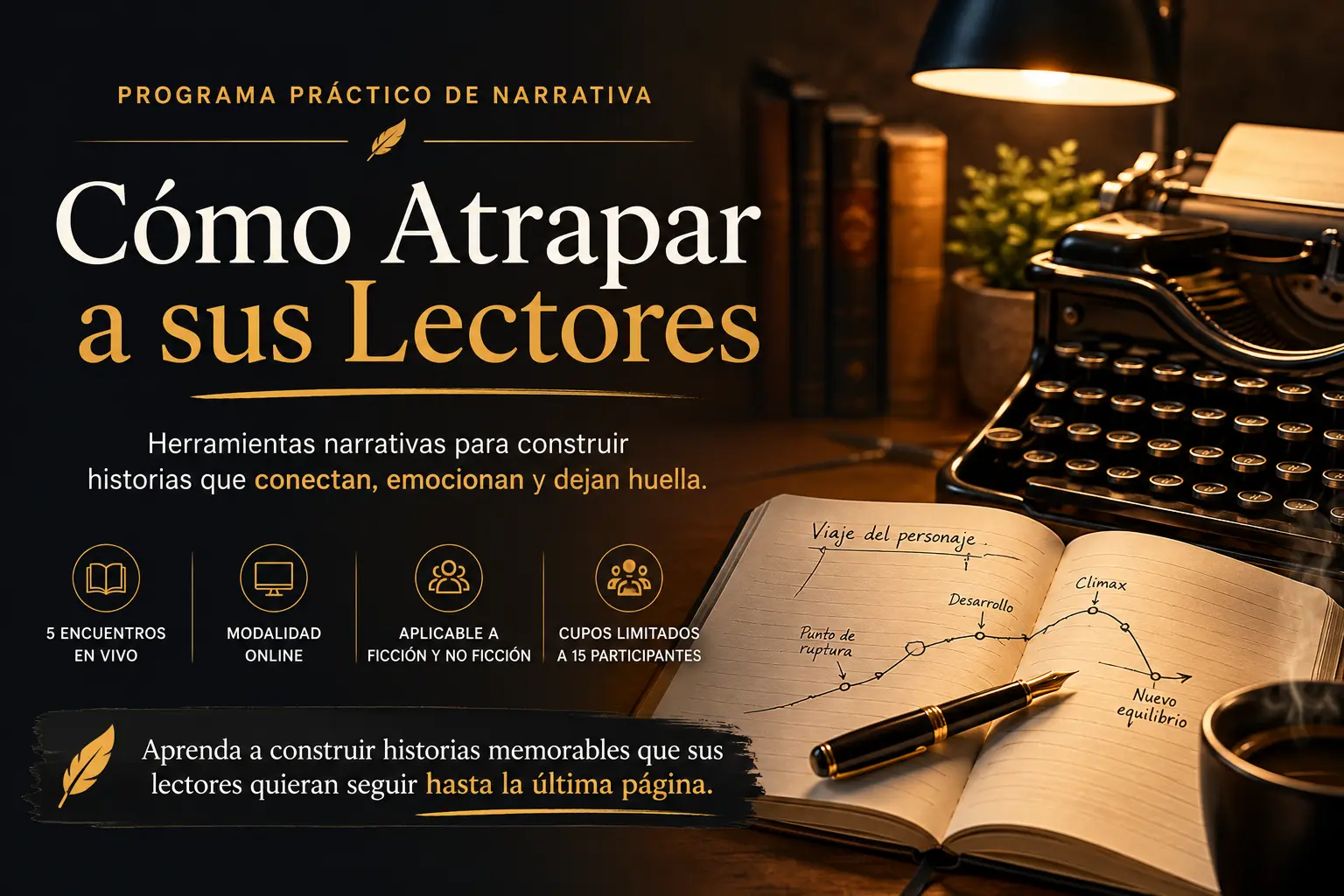 Aprenda a construir historias memorables, crear personajes sólidos y mantener el interés del lector. Programa práctico de narrativa para autores con encuentros en vivo y cupos limitados.