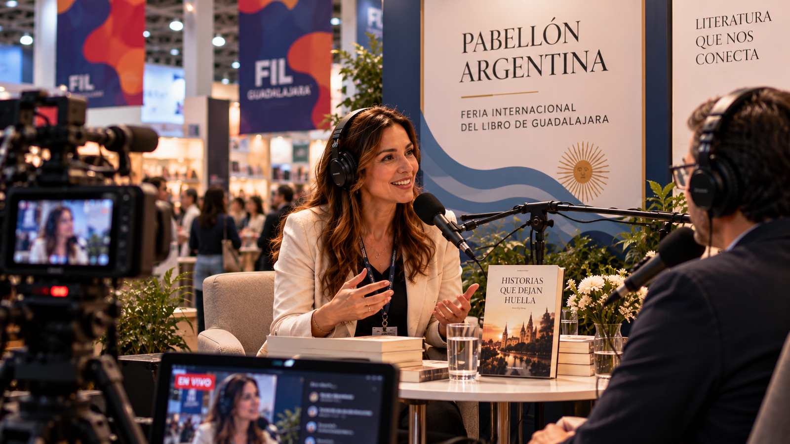 Entrevista audiovisual con cámaras y micrófonos en el Pabellón Argentina