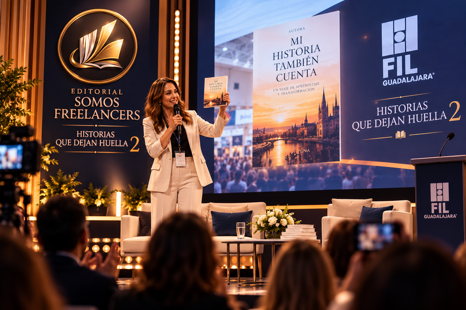 Autora protagonista presentando su obra en un escenario