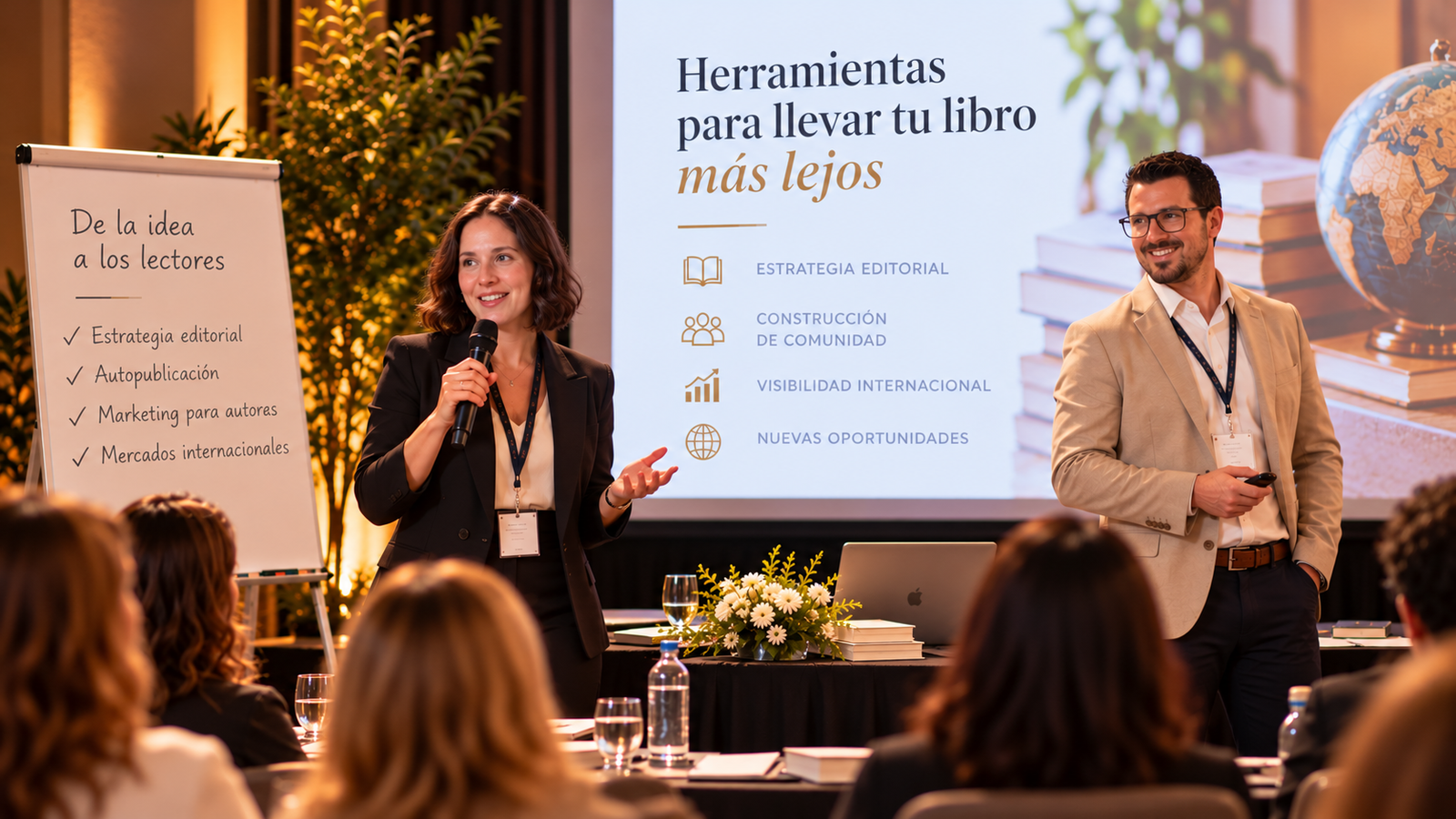 Muriel y Franco impartiendo una formación sobre desarrollo editorial