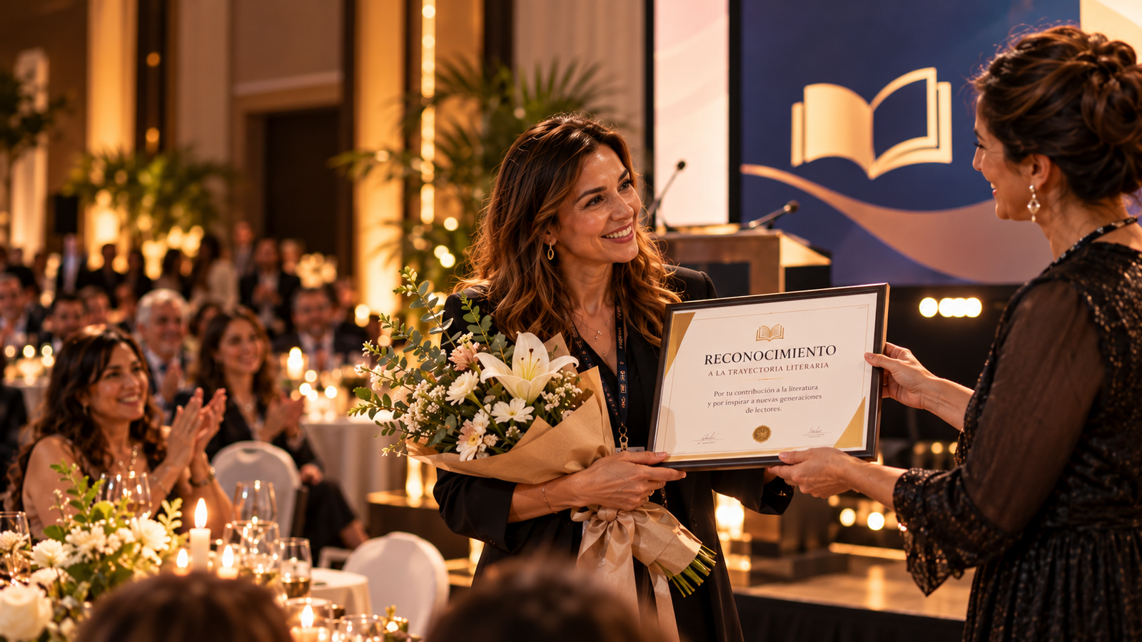 Ceremonia de reconocimiento literario durante una cena de celebración